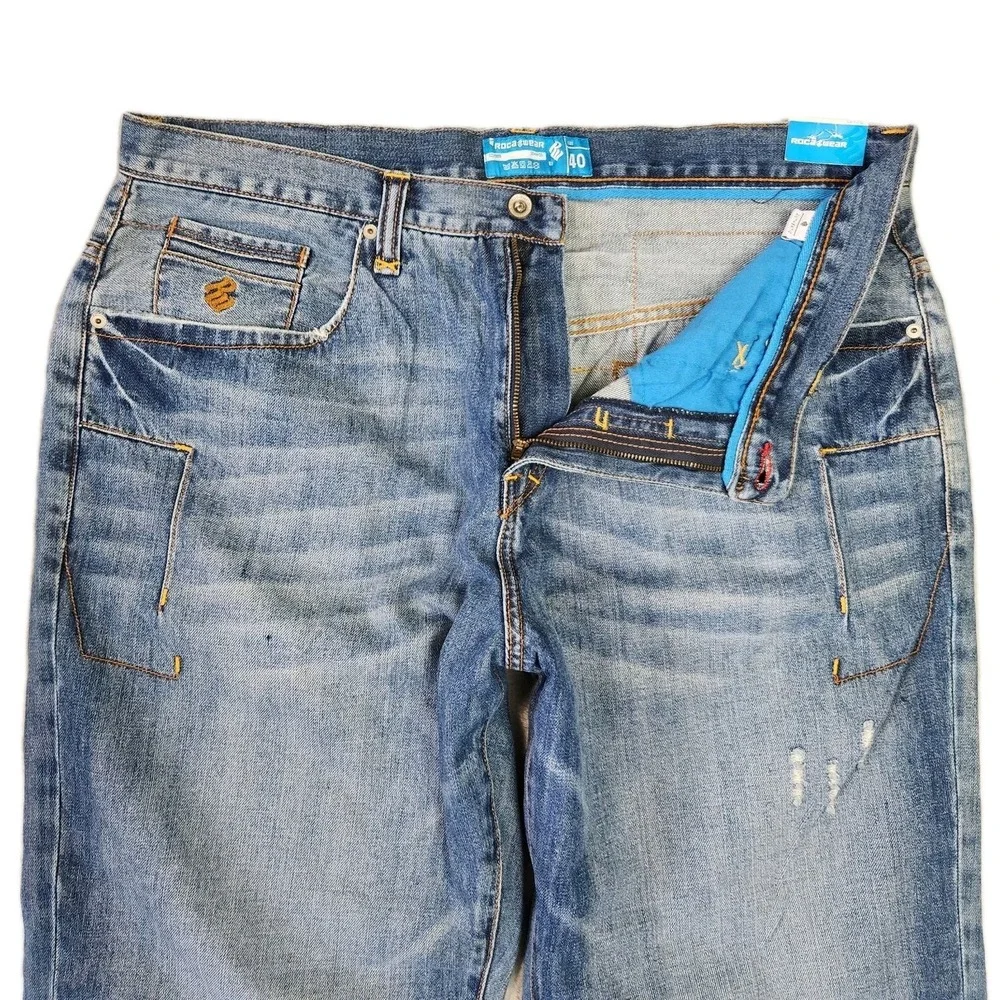 Y2k Rocawear Mens Denim Jeans‎ 40 Skater Wide Leg Grunge Punk Embroidered Hiphop